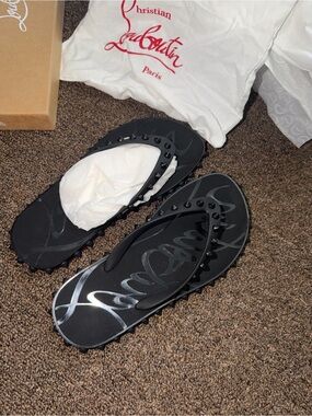Christian Louboutin Black Studded Flip Flops with Signature Script